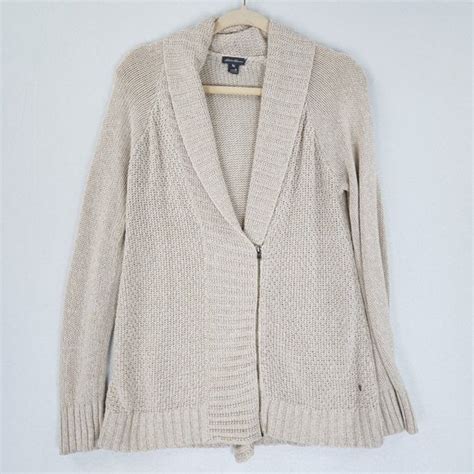 Eddie Bauer Sweaters Eddie Bauer Cardigan Sweater Womens Medium Tan Cream Zip Front Knit