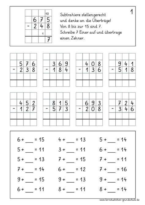 schriftliche Subtraktion wiederholen pdf Lernstübchen