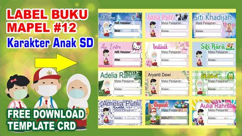 buat desain stiker label nama  buku pelajaran karakter anak