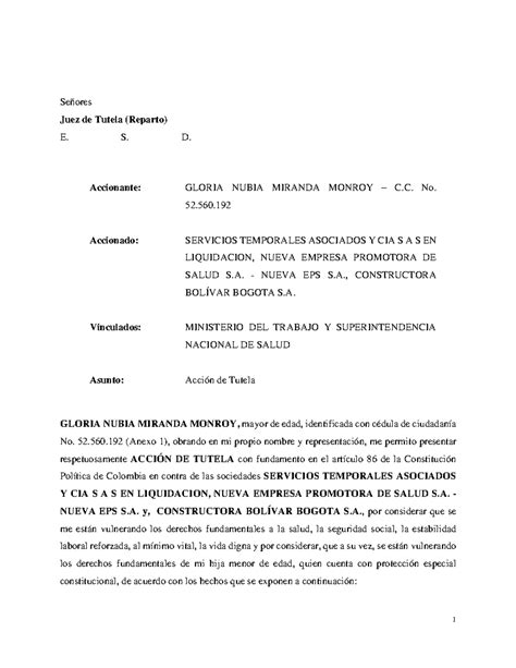 Acción de Tutela GNMM Señores Juez de Tutela Reparto E S D