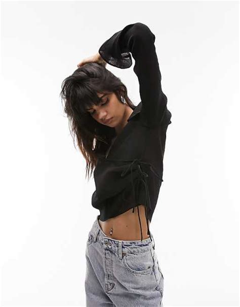 Topshop Button Front Wrap Top In Black Asos