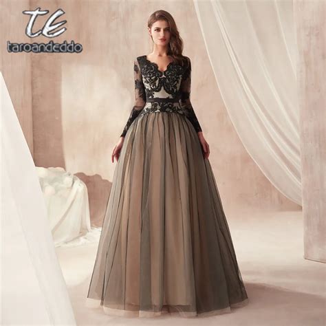 Black And Nude A Line Illusion Long Sleeves Lace Bodice Tulle Skirt Keyhole Open Back Prom Gowns