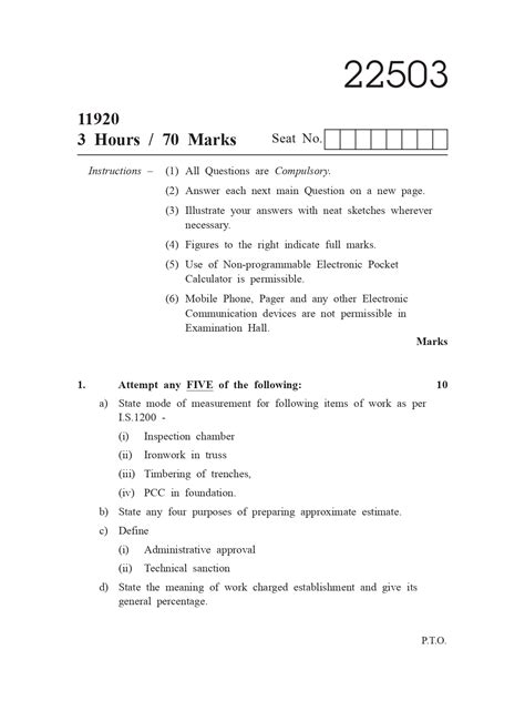 Estimating Costing And Valuation 22503 Old Question Paper With Model