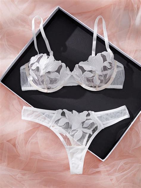 Conjunto De Lingerie Sexy Branca E Rom Ntica Flor Queimada E Folha De Cer Pe As Shein