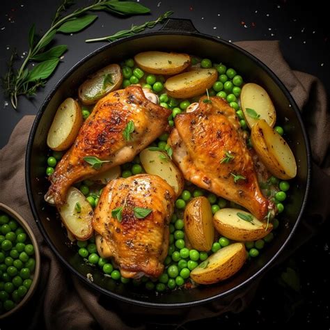 Premium Photo Delectable Duo Top View Of Baked Chicken And Pea Pods In Pan With Potatoes