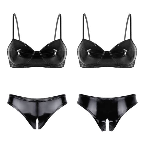 Damen Wet Look Lackleder Dessous Set Sexy Bralette Bh Bikini Slips Unterw Sche Ebay