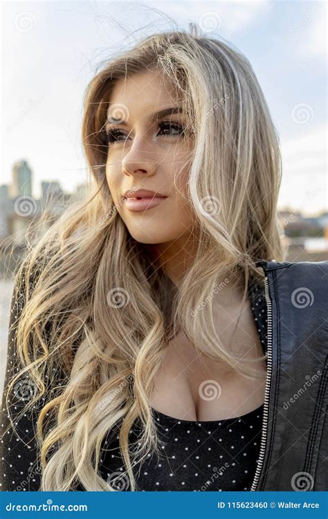 Gorgeous Blonde Hispanic Model Posing Outdoors Stock Photo Image Of