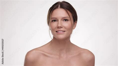 Portrait Half Naked Brunette Woman With Natural Makeup Look At The Camera Cosmetology Close Up