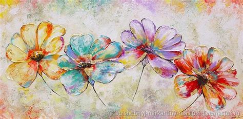 Интерьерные картины маслом Картина маслом на холсте Разноцветные цветы ...