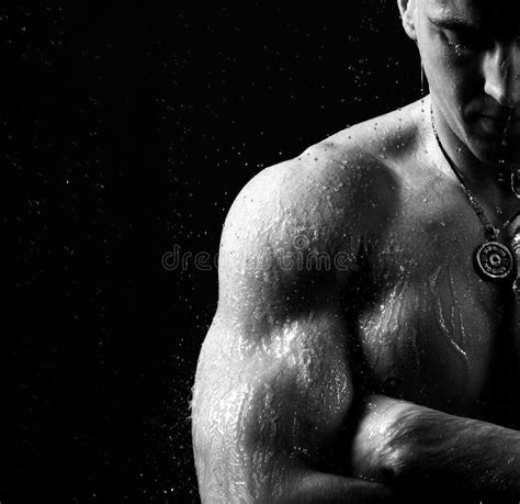 Athlete Muscular Brutal Bodybuilder Strong Male Naked Torso Posing Under Water Drops Shower