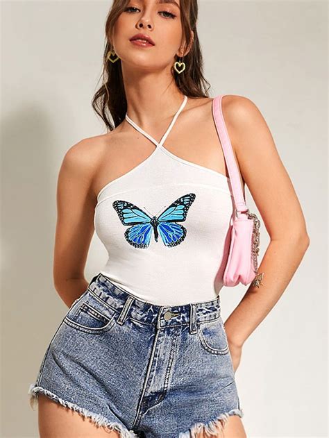 Shein Butterfly Print Tie Backless Halter Bodysuit Jumpsuits For