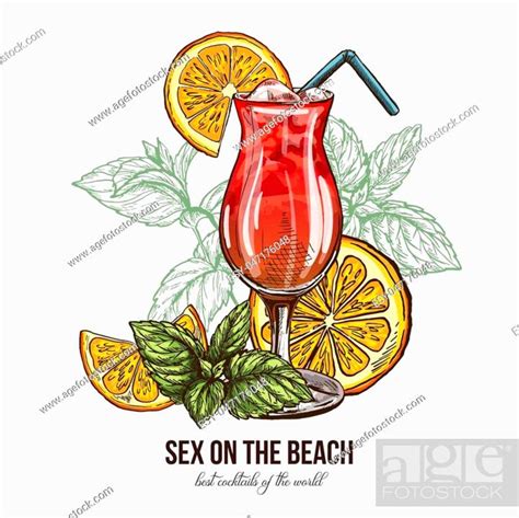 Sex On The Beach Cocktail With Mint And Orange S Slices Vector Illustration Stock Vector
