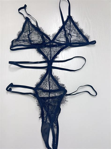 Womens SEXY Black Lace Lingerie Bra Panty One Piece XL EBay
