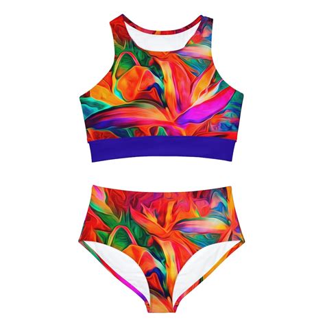 Tropical Beach Sporty Bikini Set Pink Bathing Suit Swim Suit For Women Floral Scene Bikini