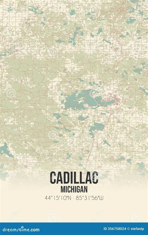 retro  map  cadillac michigan vintage street map stock