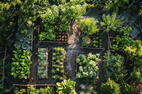 An aerial view of a sustainable garden blueprint layout with raised ...