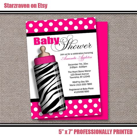 PRINTED Baby Shower Invitations Zebra Print Baby Bottle Hot Pink Purple Baby Shower Invites