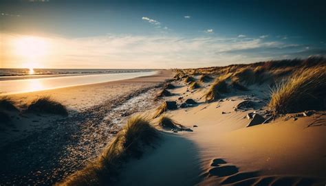 Una playa al atardecer con el sol poniéndose detrás Foto Premium