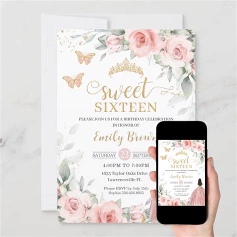 Blush Pink Floral Princess Rose Gold Sweet Sixteen Invitation Zazzle