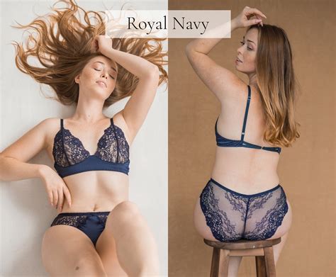 Triangle Lace Bralette Set Luxury Gift For Her Sheer Lingerie Navy Blue Bra With Panties Womens