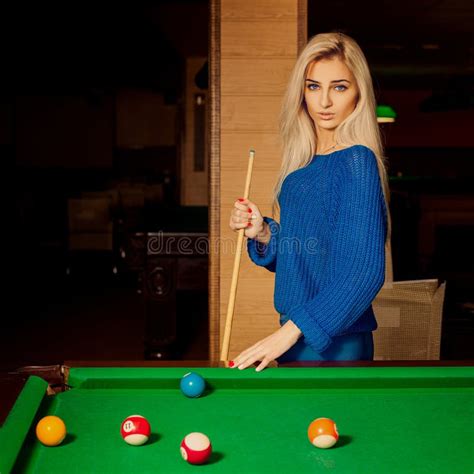 Glamour Beautiful Blonde Woman Plays Billiard Stock Photos Free Royalty Free Stock Photos