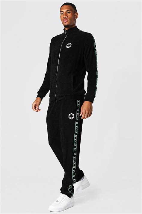 Tall Man Tape Funnel Neck Towelling Tracksuit Boohoo