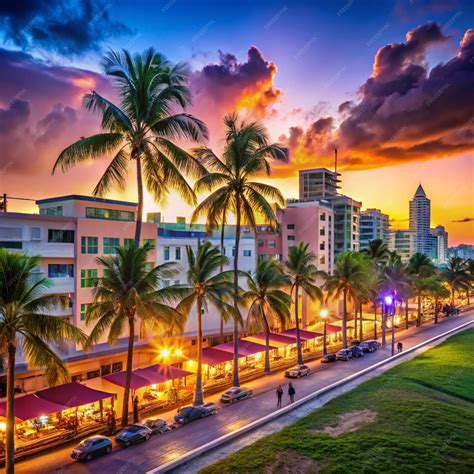 Miami Beach Ocean Drive hotels and restaurants at sunset City skyline