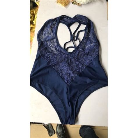 Body Lingerie Sexy Femme Col En V Dentelle Vêtements De Nuit Body Babydoll Une Pièce Bleu