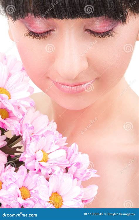Lovely Brunette With Pink Flowers Stock Image Image Of Fashion Lips 11358545