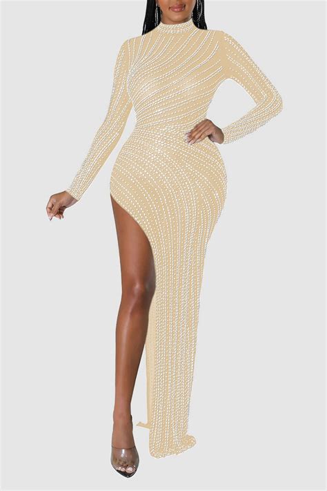 Wholesale White Sexy Solid Patchwork Slit Hot Drill Half A Turtleneck Evening Dress Dresses