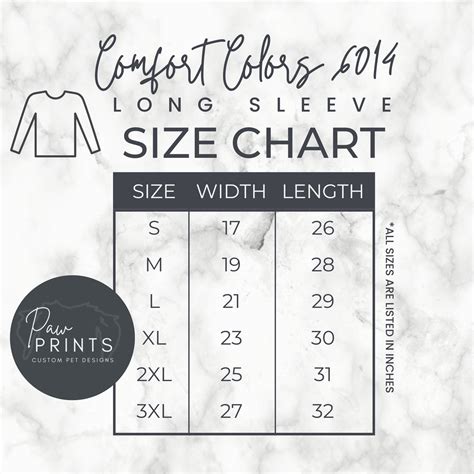 Comfort Colors 6014 Size Chart Long Sleeve Shirt Sizing Etsy