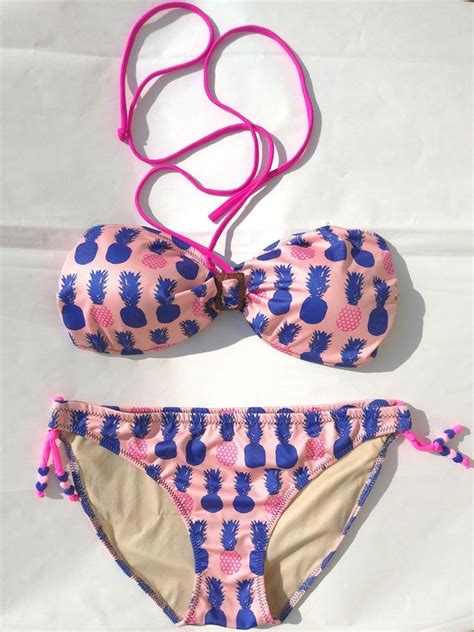 Pineapple Print Bandeau Bikini Top Peach Pink And Blue Etsy