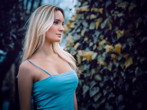 Looking Away Blonde Cleavage Bare Shoulders Adriano Perticone Model Long Hair Blue Tops