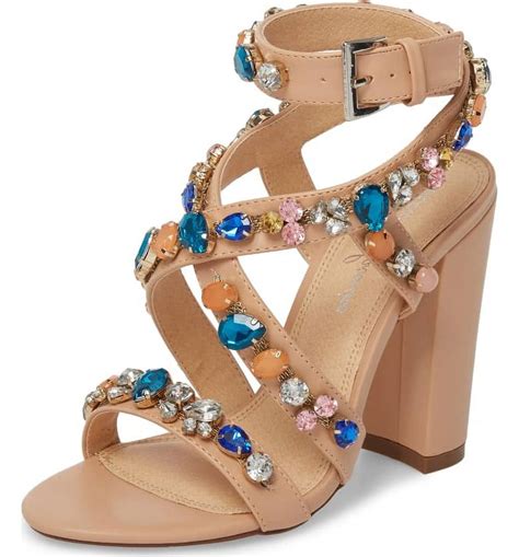 Lauren Lorraine Larissa Nude Big Embellished Jeweled Strappy High Heel Sandals Nude