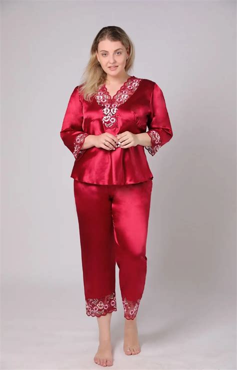 Gro E Gr E Langarm Pcs Dame Satin Pyjamas Set Sexy Spitze Blume