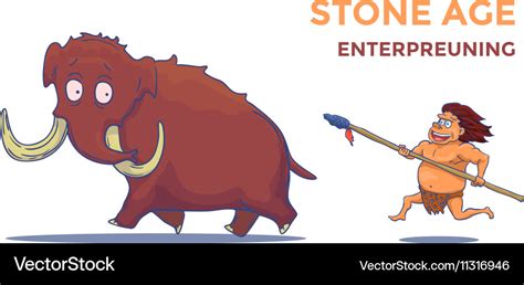 Cartoon caveman with spear hunting mammoth Vector Image