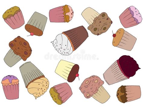 Cartoon Muffins Colored Doodle Set Chocolate Cakes Hand Draw Cupcakes