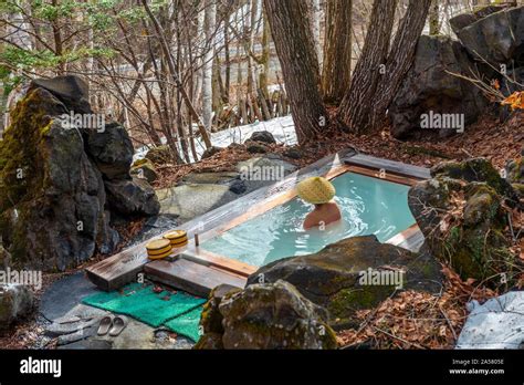 Woman Bathing In An Onsen Hot Thermal Spring Of A Guesthouse Matsumoto Japan Stock Photo Alamy