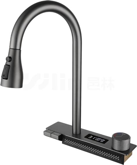 Waterfall Kitchen Faucet Hot Cold Water Switch With Digital Temperature Display With Pull