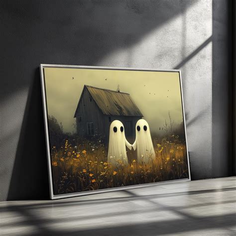 Spooky Ghosts Holding Hands Framed Canvas Wall Art Halloween Painting