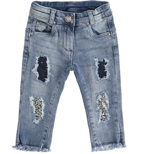 Pantalone In Denim Stretch Con Toppe Foderate In Tulle E Paillettes Per