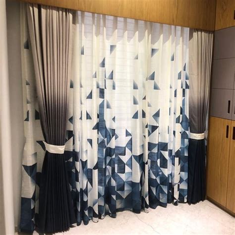 White And Blue Polyester Printed SHEER Curtain For Window Size 7ft