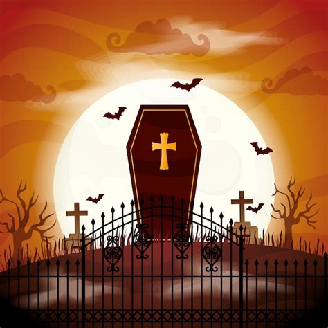 Ataúd de halloween espeluznante en la ilustración del cementerio