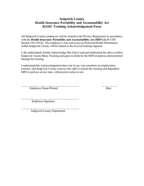 Sedgwick County Kansas Hipaa Basic Training Acknowledgement Form