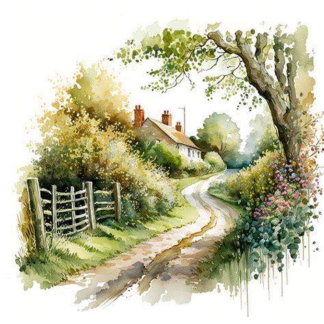 Countryside Country Lane Clipart Bundle, Watercolor JPG Image Pack