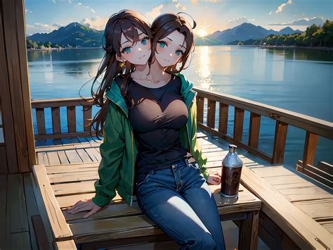 Anime Girl Sitting On A Bench With A Drink And Another Girl Standing