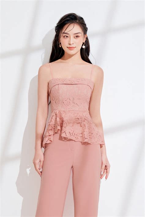 Esm Laced Peplum Top In Nude Pink Chello