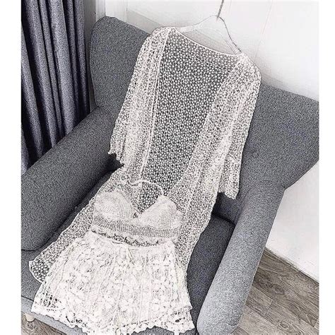 Set Bikini Ren Món Áo Bra Quần Sooc Áo Choàng Dáng Dài Tay Loe