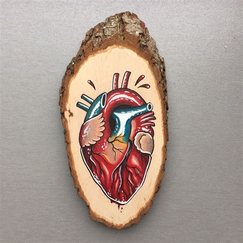 Wood Slice With Original Drawing Of An Anatomical Heart Wall Etsy