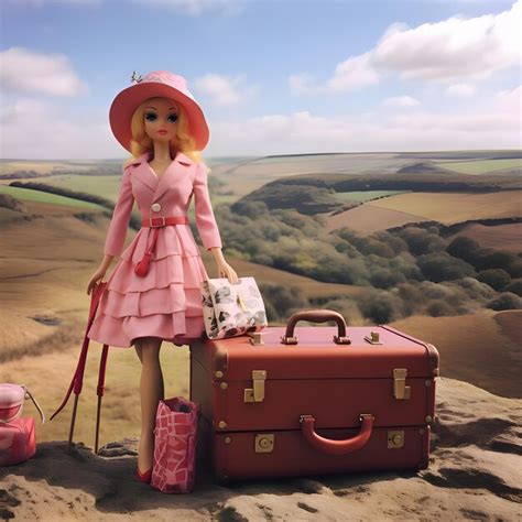 Premium Photo Cute Blonde Barbie Wearing A Pink Clothing Posed With Luggage Against Nature